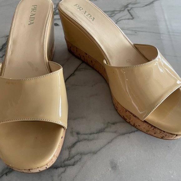 Prada Nude Vintage Slip On Patent Leather and Cork Wedge Sandals - GREAT COND. - Picture 9 of 12